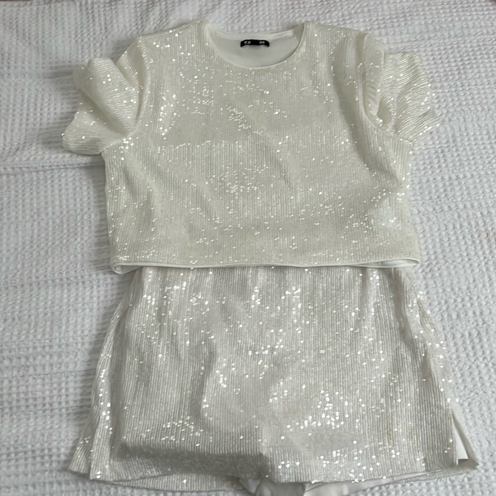 White Sequin Skort Set